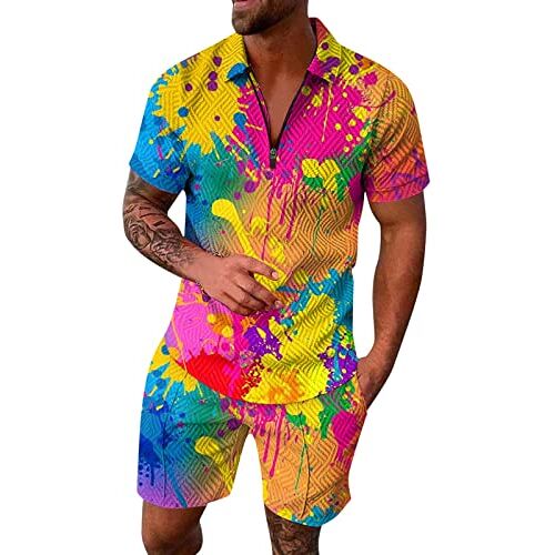 Generic 2 Stuks Outfits Suits Voor Mannen 2024 Nieuwe Mens Fag Mode Leisure Kust Strand Vakantie 3D Digitaal Afdrukken Rits Korte Mouw Shirt En Shorts Pak Twee Smoking Verhuur voor Mannen, Geel, M