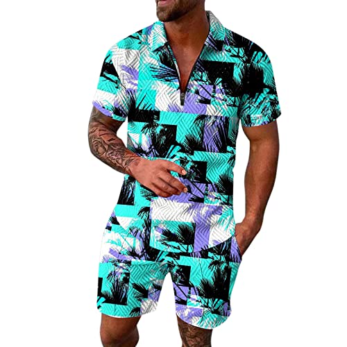 Generic Casual pak voor mannen 2024 heren 2-delige outfits heren homoseksuele mode vrije tijd kust strand vakantie 3D digitaal afdrukken rits shirt en korte broek pak twee mannen broek pak, Grijs, M