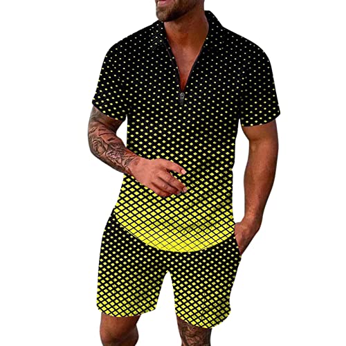 Generic Casual pak voor mannen 2024 herenpakken heren homoseksuele mode vrije tijd kust strand vakantie 3D digitaal afdrukken rits shirt en korte broek pak twee haptische pakken, Paars, 3XL