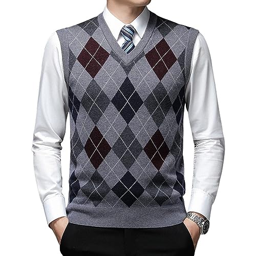 LCDIUDIU Mouwloze Heren Truien Met V-Hals, Argyle Trui Vest Heren Gebreide Vesten En Pullovers Wolmix Gebreide Truien Gilet Wintertrui Tanktops Jersey Golf Casual, Lichtgrijs, Xl