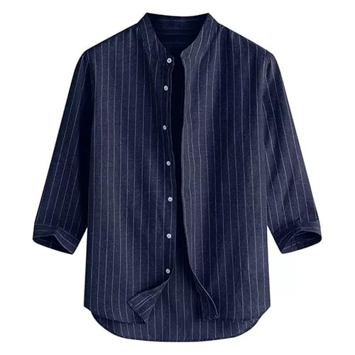 YANQSHM Linnen Hemd Heren Linnen Overhemden Casual Henley Gestreept Overhemd Button Down Overhemden Zomervakantie Top Zakelijk Werkoverhemd voor Heren Diepblauw L