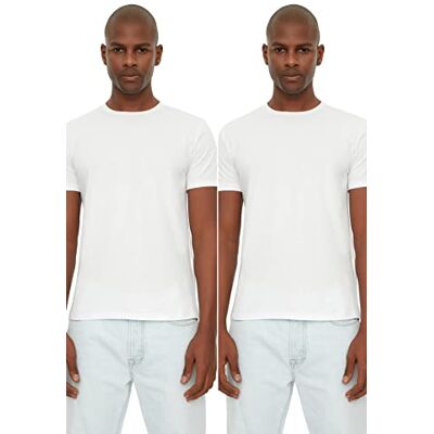 Trendyol Heren wit mannelijke basic slim fit 100% katoen 2 verpakking ronde kraag korte mouwen T-shirt, wit, klein Trendyol Heren wit mannelijke basic slim fit 100% katoen 2 verpakking ronde kraag korte mouwen T-shirt, wit, klein