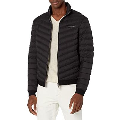 Giorgio Armani Heren Quilted Milano/New York Logo Zip-up Jacket Down Alternatieve Coat, zwart/gemêleerd grijs B, XL Giorgio Armani Heren Quilted Milano/New York Logo Zip-up Jacket Down Alternatieve Coat, zwart/gemêleerd grijs B, XL