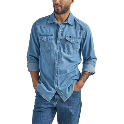 Wrangler Heren Iconic Denim Regular Fit Snap Shirt, Lake Wash, XXL Wrangler Heren Iconic Denim Regular Fit Snap Shirt, Lake Wash, XXL