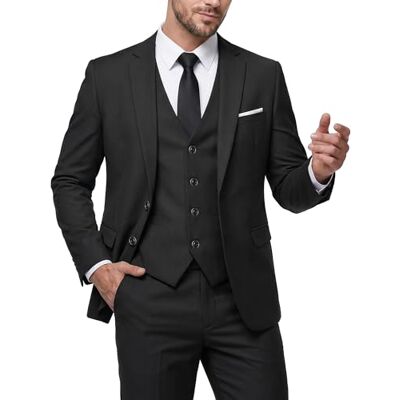 MY'S Men's 3 Piece Slim Fit Suit Set, 2 Button Blazer Jacket Vest Pants with Tie, Solid Wedding Dress Tux and Trousers Black MY'S Men's 3 Piece Slim Fit Suit Set, 2 Button Blazer Jacket Vest Pants with Tie, Solid Wedding Dress Tux and Trousers Black