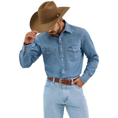 Wrangler All Terrain Gear by Cowboy Cut Western Herenshirt met lange mouwen en drukknoop, Blauw, M Wrangler All Terrain Gear by Cowboy Cut Western Herenshirt met lange mouwen en drukknoop, Blauw, M