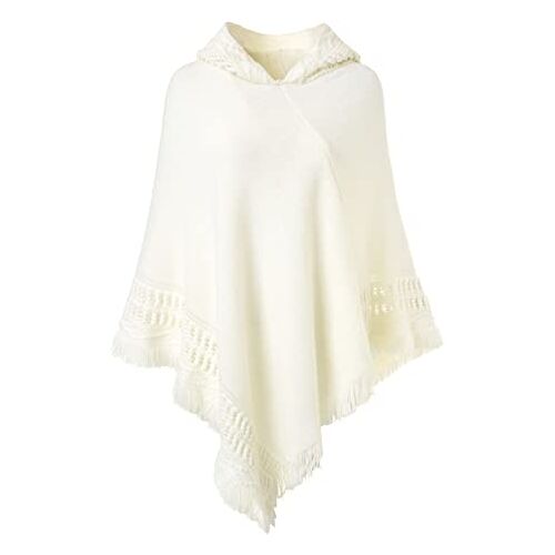 Ferand Dames gehaakte poncho met franje veelzijdige cape sjaal wrap poncho trui voor dames, Kleur: wit