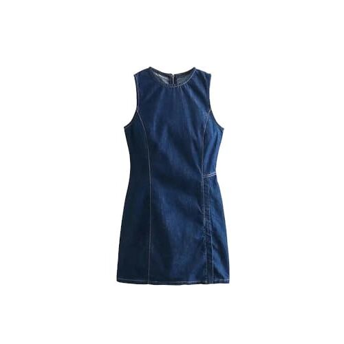 JINGBDO Vintage Denim Dressfashion Versatile Casual Round Neck Split Denim Mini Dress Vintage Sleeveless Back Zip Women'S Dresses