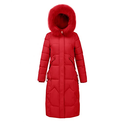 SGSD üBergangsjas voor dames, lang getailleerd, winterjas voor dames, lang met bontcapuchon, outdoorjas, gevoerd, softshelljas, donsjas, winterjas, lange jas, damesjas, parka, gewatteerde jas, winterjas, rood, L