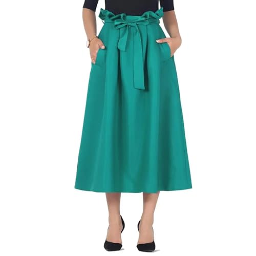 YUECIBAI Rokken voor dames, midi-rokken met strik, hoge taille, zak, effen, vintage, glanzend, voor dames, XL, groen