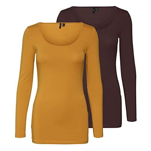 Vero Moda Damesshirt met lange mouwen, verpakking van 2 stuks, Geel/bruin (1x Chai Thee/1x Coffee Bean), XL