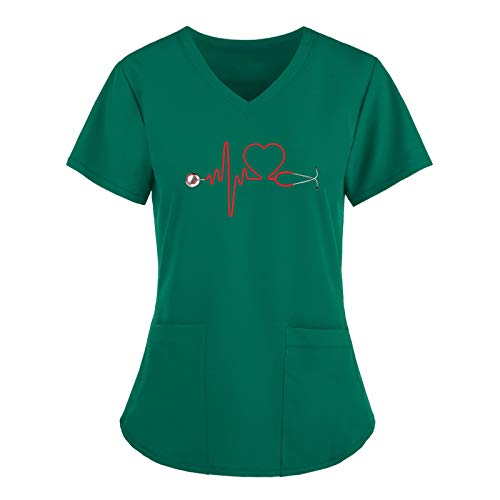 Generic Werkkleding voor dames, uniformen, V-hals, met zakken, korte mouwen, T-shirt, uniformen, verpleegkundigen, uniformen, tops, slimfit, werkkleding, werkuniform, bovenkleding, groen, 3XL