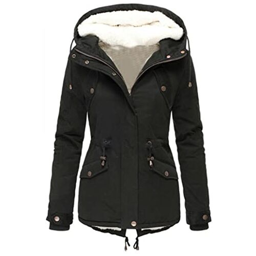 Ksmate Dames winterjas, winterjas, damesparka, katoenen jas, lange winterjas met capuchon, warme winddichte winterparka, zwart, M