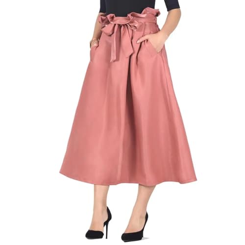 YUECIBAI Rokken voor dames, midi-rokken, midi-rokken met strik, hoge taille, zak, effen, vintage, glanzend, voor dames, XL, roze