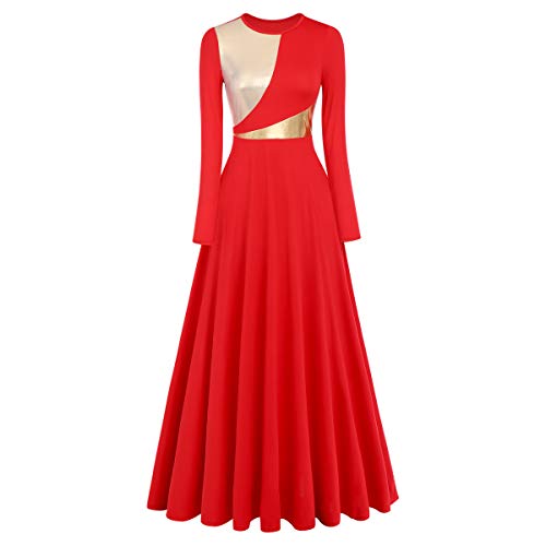 IDOPIP Vrouwen Metallic Bi Kleur Lange Mouw Lyrische Liturgische Lof Dans Jurk Kerk Aanbidding Kostuum Maxi Gewaad Jurk Speciale Gelegenheid Jurken, Rood, XXL