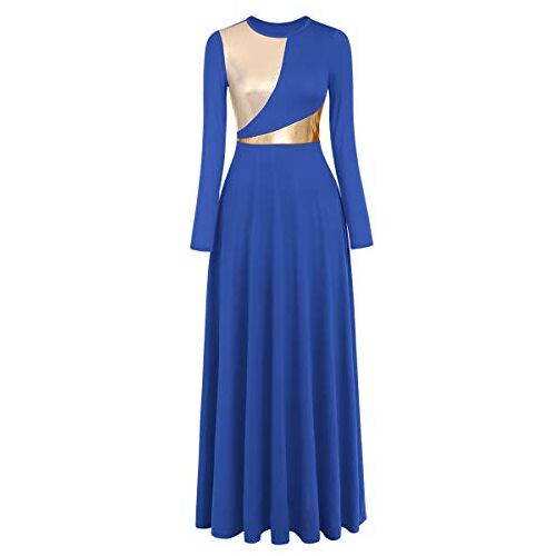 IDOPIP Vrouwen Metallic Bi Kleur Lange Mouw Lyrische Liturgische Lof Dansjurk Kerk Aanbidding Kostuum Maxi Gewaad Jurk Speciale Gelegenheid Jurken, Blauw, M