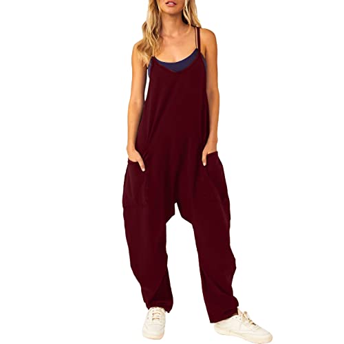 Nidddiv Casual jumpsuit voor dames, spaghettibandjes, wijde pijpen, romper, V-hals, spaghettibandjes, romper, mouwloos, lange jumpsuit, rompertjes voor dames, Wijn, L