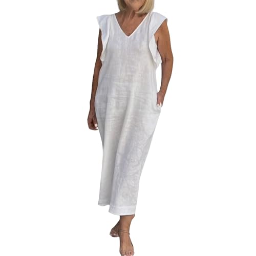 Generic Dames vakantie jurken zomer rug riem vliegen mouwen katoen linnen jurk vakantie outfits, S-3XL, Ss10-wit, 3XL