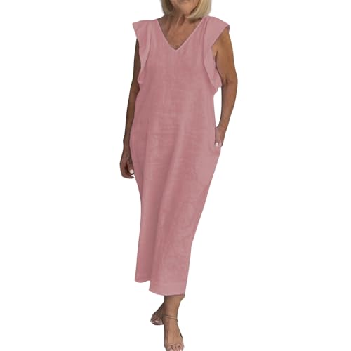 Generic Dames vakantie jurken zomer rug riem vliegen mouwen katoen linnen jurk vakantie outfits, S-3XL, Ss08-roze, XL