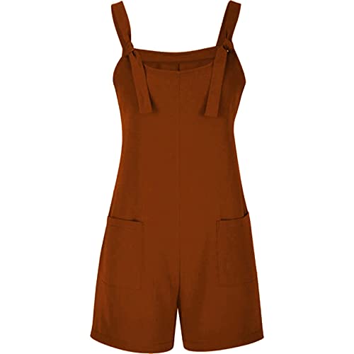 Generic Rompertje voor dames en meisjes, jumpsuit 2024, nieuwe dames, stropdas, schouderoverall, korte broek, ronde hals, romper, jumpsuit met zak, schouderromper, Bruin, S