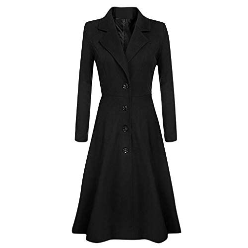 IQYU Wollen jas dames winter zwart lange winterjas dames lange mouwen warm elegant getailleerd winterjas revers wollen jas herfst winter klassieke vintage slak trenchcoat slim fit vrouwen winterjas, Aazwart, XXL