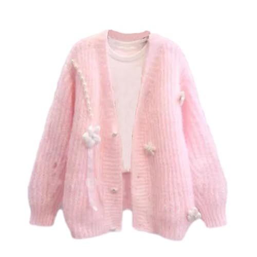 YJSPSW Dames Fuzzy Pearl Kralenvest Lange mouw Kawaii Vesten Trui Tops Kleding Casual V-hals Gebreide truien M