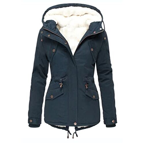 Ksmate Dames winterjas, winterjas, damesparka, katoenen jas, lange winterjas met capuchon, warme winddichte winterparka, Donkerblauw, M