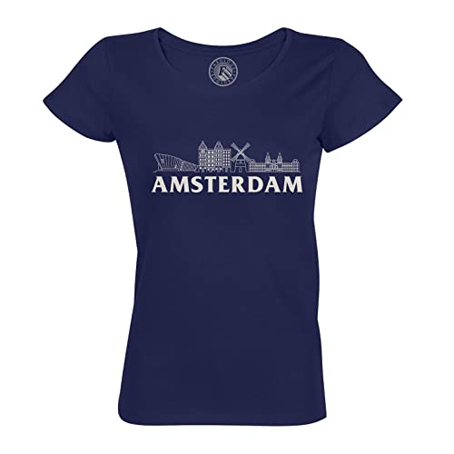 Fabulous Dames T-shirt, ronde hals, Amsterdam Minimalist reizen, Nederlandse toerisme, Blauw, XL