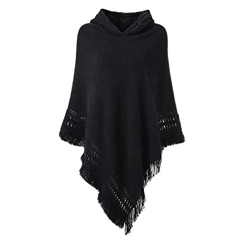 Ferand Dames gehaakte poncho met franje veelzijdige cape sjaal wrap poncho trui voor dames, Zwart, L/XL