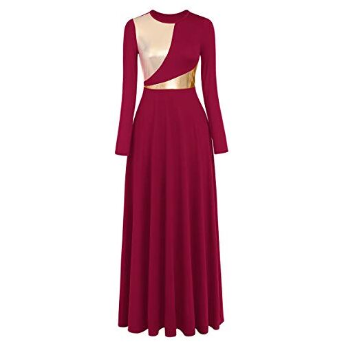 IDOPIP Vrouwen Metallic Bi Kleur Lange Mouwen Lyrische Liturgische Lof Dans Jurk Kerk Aanbidding Kostuum Maxi Robe Jurk Speciale Gelegenheid Jurken, Wijn Rood, M