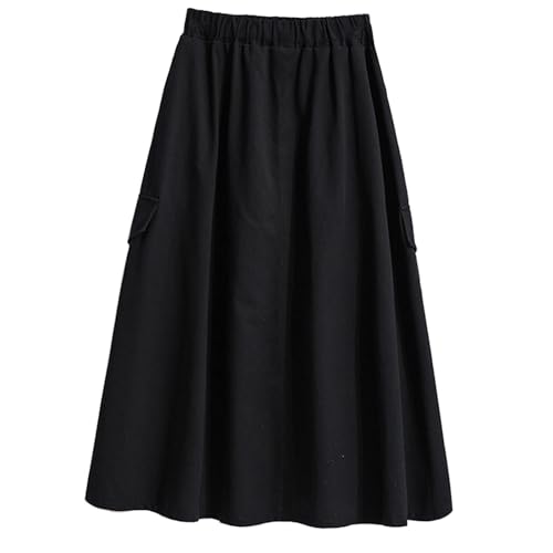 CzooM Rok Rokken voor dames, damesrokken Japanse Mori Girl lange rokken dames hoge taille legergroen paraplu rokken zak vrouwelijk katoen midi grote maten (Color : Black, Size : XL)