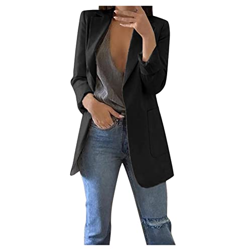 TDEOK Dames blazer jurk blazer getailleerd dames lange mouwen getailleerde blazer jas voor bruiloft sweatblazer sportieve zomerblazer sweatblazer lange blazer blazer lange blazer, zwart, XXL