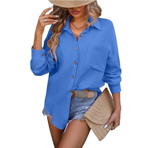 LCDIUDIU Casual Overhemden Met Lange Mouwen Voor Dames Jasje,Witte Effen Tuniek Tops Overhemden Blouses Revers Vest Button Down Overhemden Met Zakmode Crêpe Uitloper T Shirts,Blauw,S