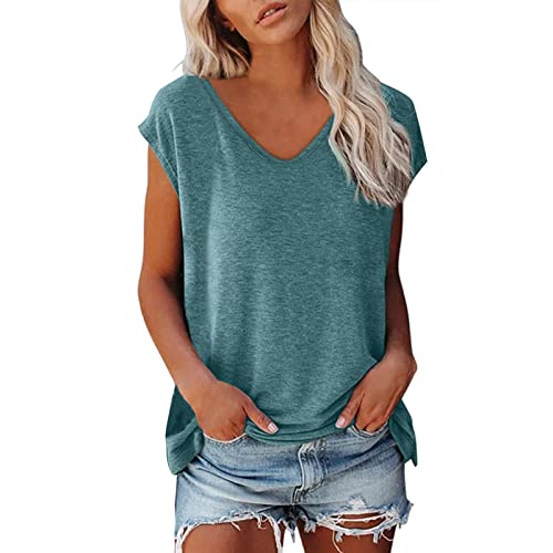 nuoke T-shirt dames V-hals dames shirt T-shirt zomer korte mouwen blouses T-shirts shirts elegant basic T-shirt blouses top dames blouseverlenging, blauw, XXL