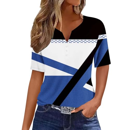 Generic Damesblouses V-hals T-shirt met korte mouwen mode casual O-hals blouse V-hals korte mouw blouses casual los T-shirt zomer losse casual shirts plus size blouse, Blauw, M