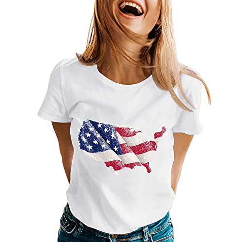 LOIJMK Buitenlandse Handel Europese en Amerikaanse Onafhankelijkheidsdag Print Casual Ronde Hals T-shirt Korte Mouw Los Groot T-shirt Vrouwelijke Onafhankelijkheidsdag Metallic Top, wit, L