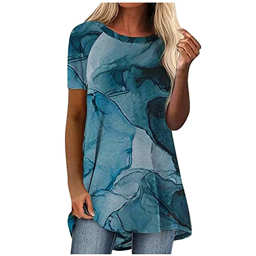 Generic Lange blouse dames zomer korte mouwen T-shirt bovenstuk licht bont print tuniek damesblouse ronde hals losse katoenen hemdblouse zomershirt blouses & tunieken voor dames, #1 groen, S