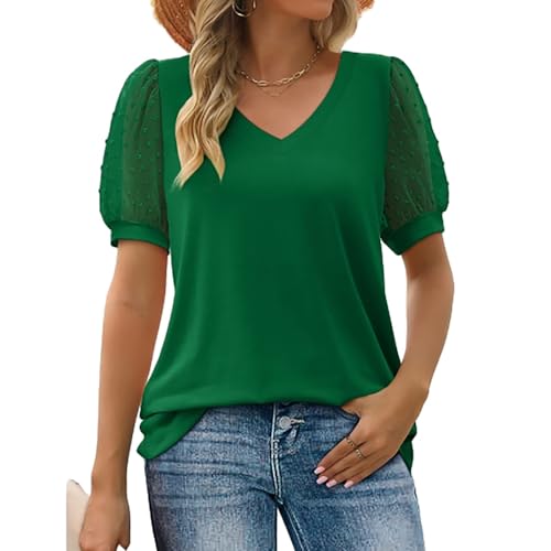 Hrantea Dames T Shirts Tops met Pofmouwen Dames Overhemden met V Hals Slim Fit Overhemden voor Dames Formeel Casual Losse Tops Zomer T Shirts Werk Business Overhemden (Color : Green, Size : L)