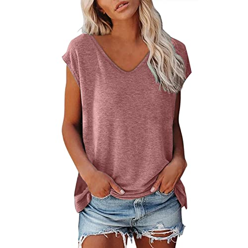 nuoke T-shirt dames V-hals dames shirt T-shirt zomer korte mouwen blouses T-shirts shirts elegant basic T-shirt blouses top dames blouseverlenging, roze, L