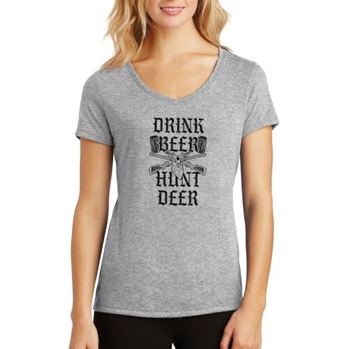 ENTROPIJA Drink Beer Hunt Deer V-hals Dames T-shirt Klassieke pasvorm top Art, Grijs, XL