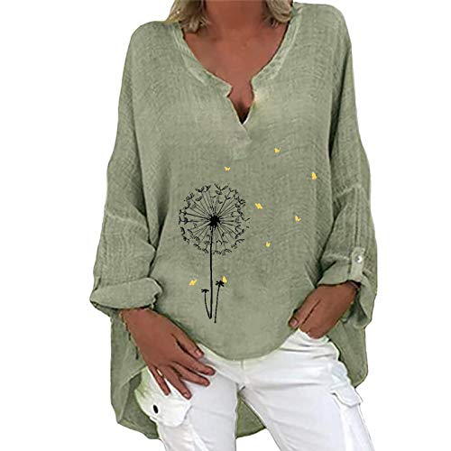 XWANG Linnen blouse voor dames, linnen blouse met lange mouwen, bovenstuk, casual, V-hals, tops, linnen, tuniek, los katoenen hemd, linnen blouse, losse casual print, linnen hemd, 10-lichtblauw, M