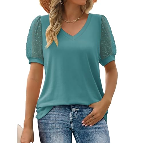 Hrantea Dames T Shirts Tops met Pofmouwen Dames Overhemden met V Hals Slim Fit Overhemden voor Dames Formeel Casual Losse Tops Zomer T Shirts Werk Business Overhemden (Color : Blue, Size : L)