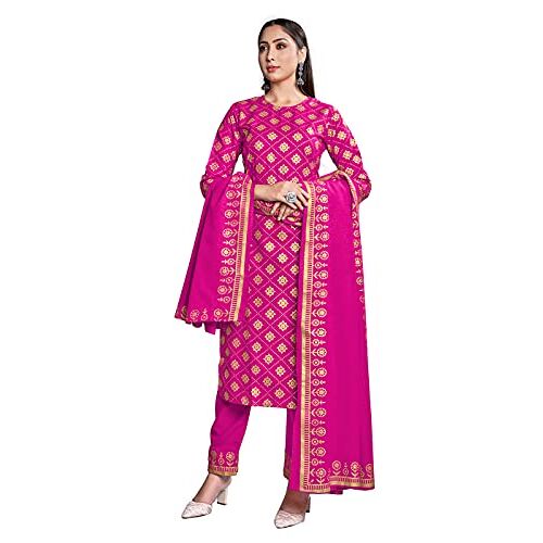 STYLE INSTANT Indian Kurti voor dames met broek en Dupatta   Rayon bedrukte Kurta Kurtis voor vrouwen tuniek set, roze, XXL