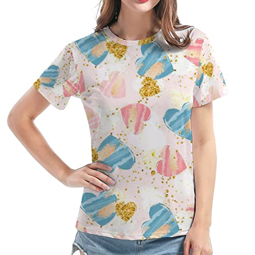 LOIJMK 2023 Simple Love Full Print Losse Ronde Hals Korte Mouw T-shirt Zomer Kleurafstemming Dames Tops Malle Party Outfit, roze, XL