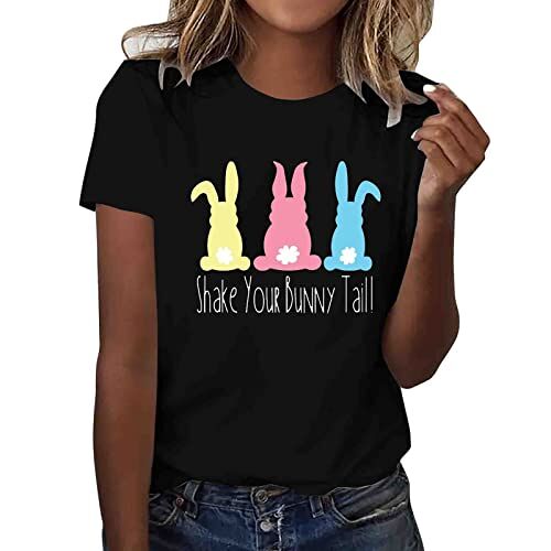 LOIJMK Paas-dames-T-shirt met korte mouwen en ronde hals, haas, bedrukt, top, casual, smal, T-shirt, blouse, wikkelshirt, zwart, XL