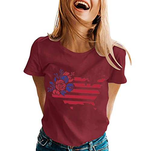 LOIJMK Buitenlandse Handel Europese en Amerikaanse Onafhankelijkheidsdag Print Casual Ronde Hals T-shirt Korte Mouw Los Groot T-shirt Vrouwelijke Onafhankelijkheidsdag T-shirt Met Print, wijn, S