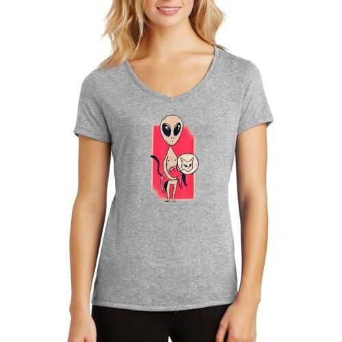 ENTROPIJA Alien with a Cat Pet Funny V-hals Dames T-shirt Klassieke pasvorm top Art, Grijs, M