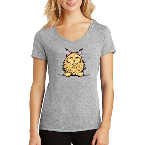 ENTROPIJA Maine Coon Cat Breed Cream V-hals Dames T-shirt Klassieke pasvorm Top Art, Grijs, L