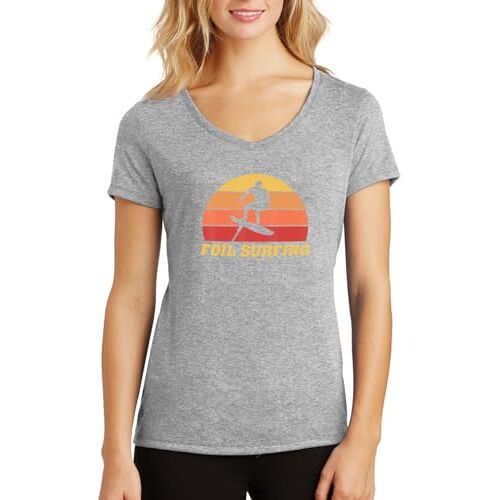 ENTROPIJA Foil Surfing Surfer V-hals Dames T-shirt Klassieke pasvorm top Art, Grijs, S