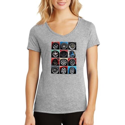 ENTROPIJA Cars Wheels Tuning V-hals Dames T-shirt Klassieke pasvorm top Art, Grijs, M